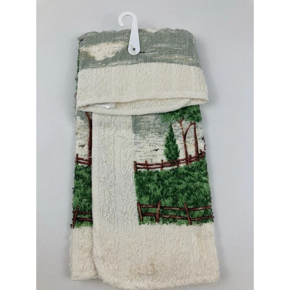 Warren Kimble Red Barn Tapestry Kitchen Set | Farmhouse Design Apron Towel VTG